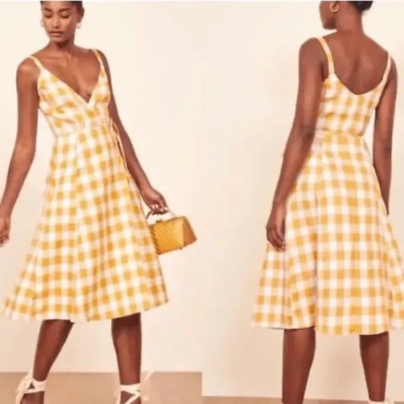 Reformation Beverly Linen Wrap Dress Yellow White Check, Size XS, Deep V Neck 💛 - Picture 1 of 12